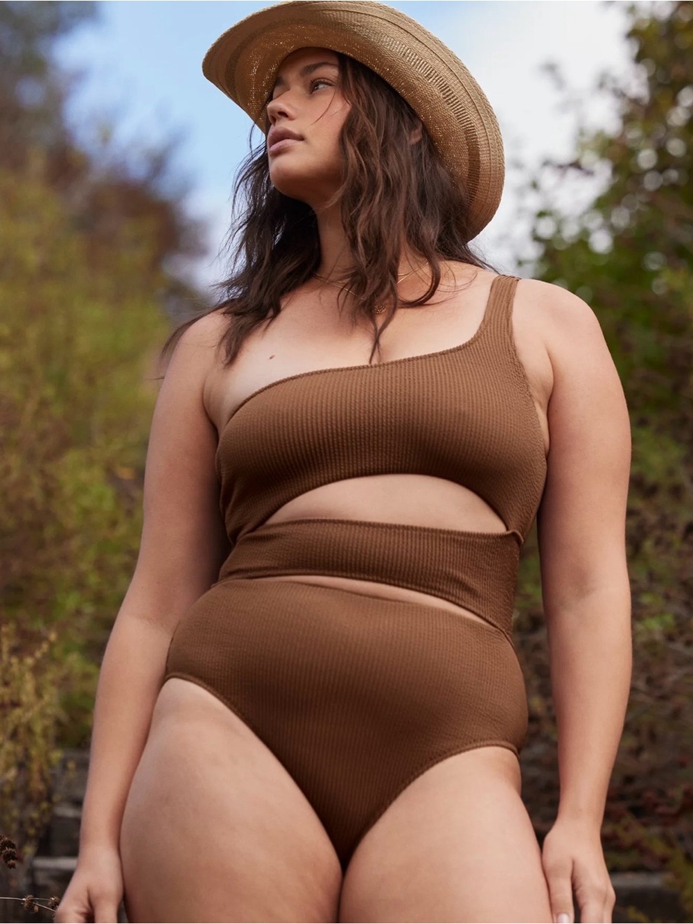 Aerie Dark Brown Crinkle Full Coverage Cut Out One Shoulder One Piece Swim Small